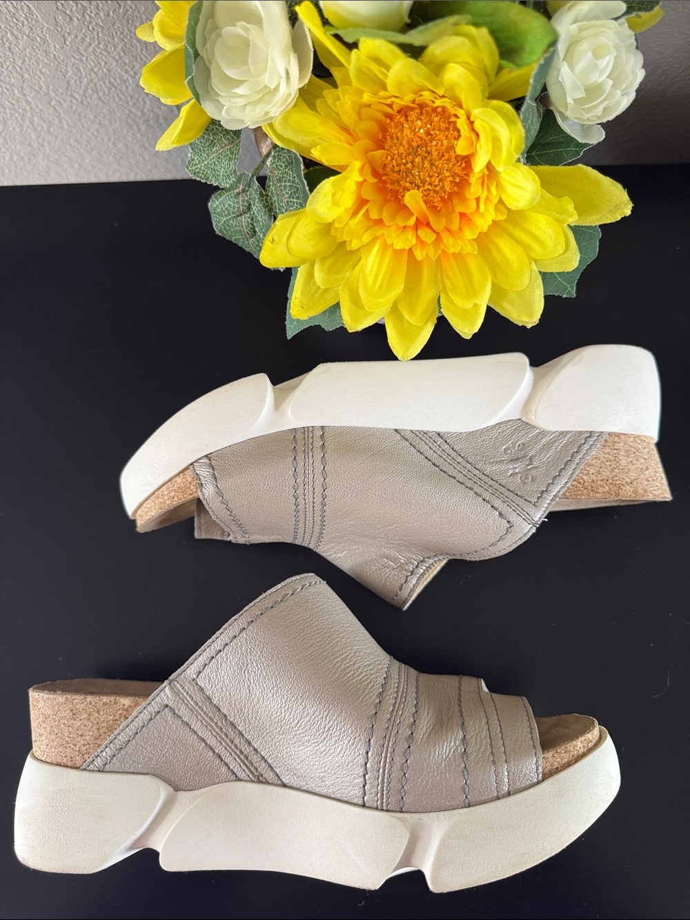 Fly London Metallic Taupe Slide Mules with White Sole - Picture 6 of 14